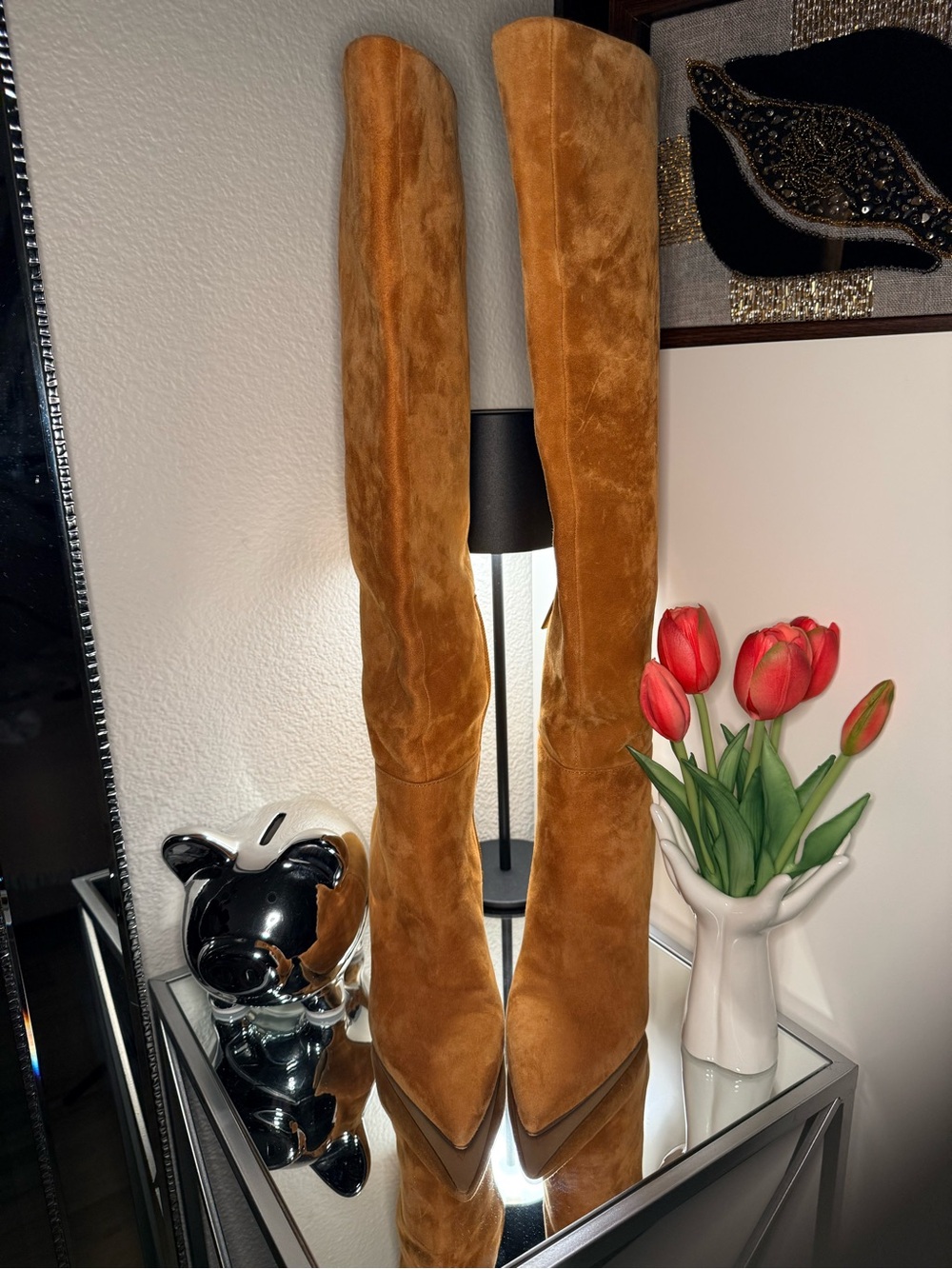 Vince Camuto Tall Suede Vases-Inspired Decorative Pair in Chestnut Brown